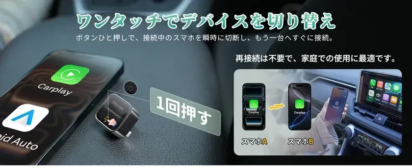 ワンタッチでデバイスを切り替え ボタンひと押しで、接続中のスマホを瞬時に切断し、もう一台へすぐ接続。 再接続は不要で、家庭での使用に最適です。 Carplay Android Auto Ottocast 1回押す スマホA スマホB