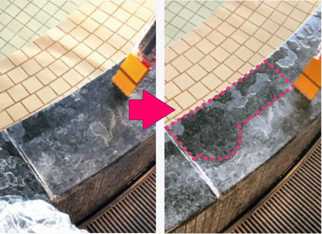 床の汚れを清掃する前後の比較画像です。