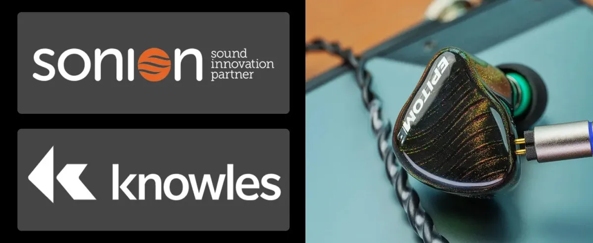 イヤホン、IEM、インイヤーモニター、オーディオ、音響機器、Sonion、Knowles、EPITOME、ブランドロゴ、高音質、音楽、黒、光沢、ケーブル