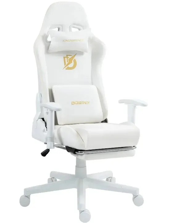 白いゲーミングチェアが白い背景に置かれています。金色のDOWINXロゴと文字が特徴で、ヘッドレストとランバーサポートクッションが付いており、快適な座り心地を提供するデザインです。