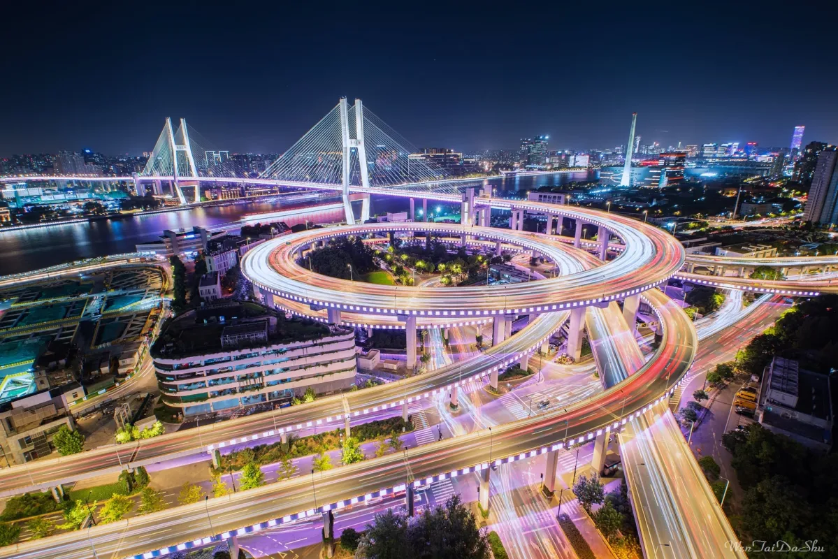夜景、都市、高速道路、ジャンクション
