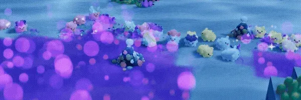 たくさんの可愛らしいふわふわした生き物たちが、きらめく紫色の光の中で集まっている様子。ファンタジーな世界観が感じられる。