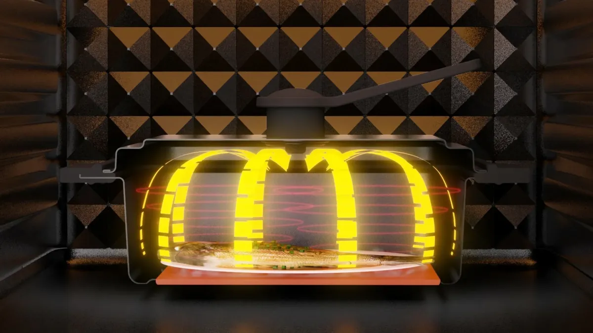 電子レンジまたは調理器具の内部で魚料理が加熱されている様子を示すイラスト