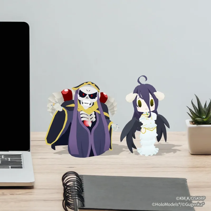 AR機能で現実世界に配置されたアインズとアルベドのデフォルメキャラクター