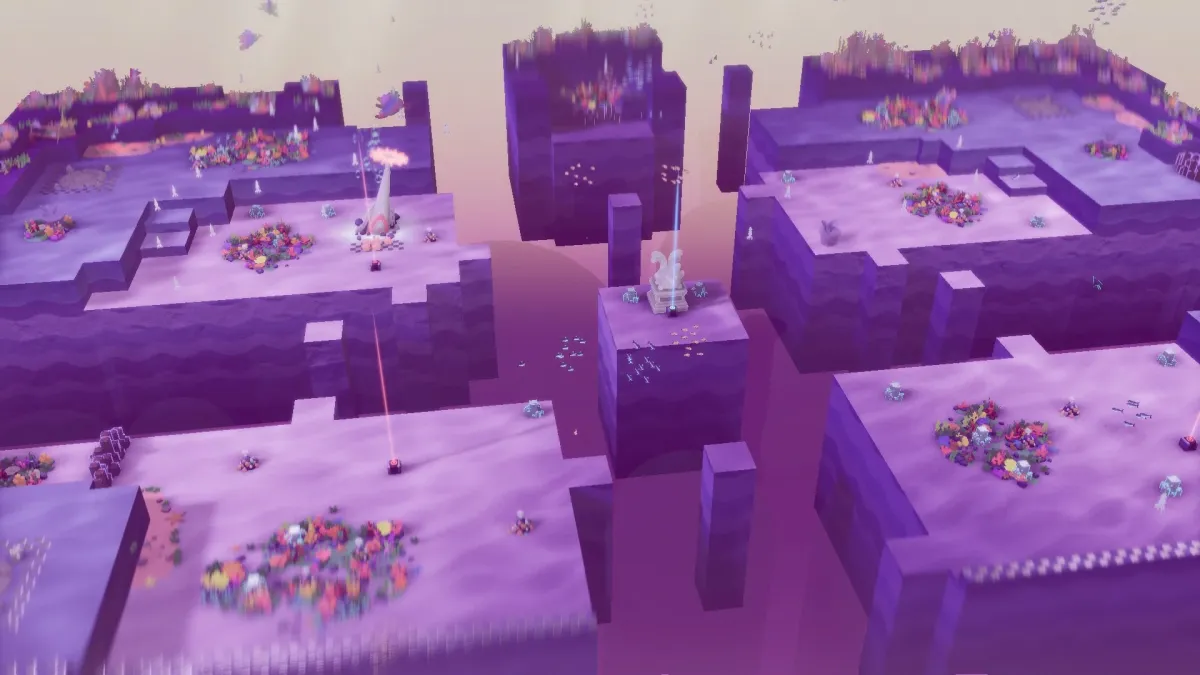 紫色の浮遊する島々が広がる幻想的な風景。カラフルな珊瑚状の構造物や小型ロケット、謎の生物が描かれている。中央には光の柱が立つ祭壇のような建造物があり、SFゲームのような独特のアートスタイルが特徴的。