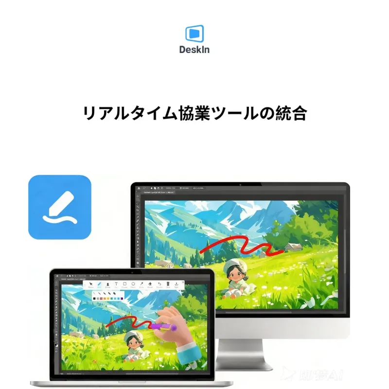 リアルタイム協業ツール「DeskIn」の統合を示す画像。ノートPCとデスクトップで同じデジタル描画画面が同期され、共同作業がスムーズに行える様子を表現