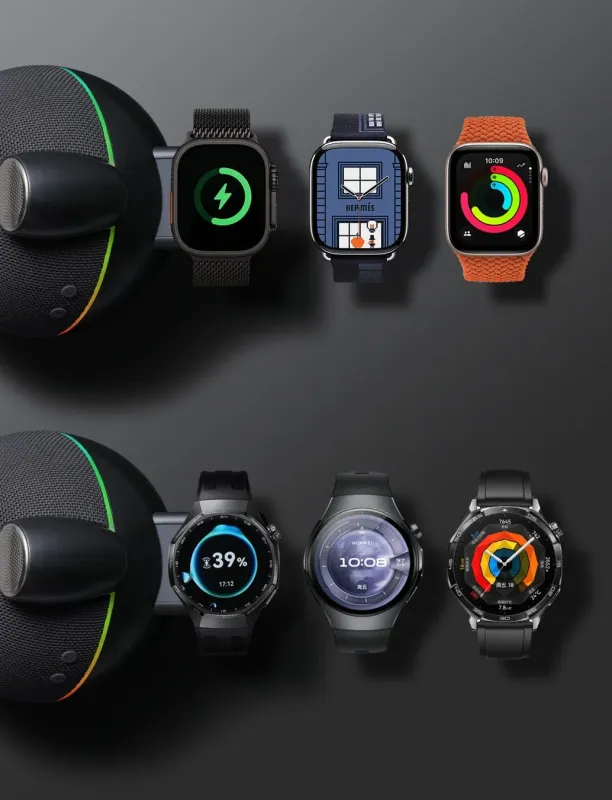 様々なブランドのスマートウォッチが並べられており、一部は充電中、一部は時刻や活動量、バッテリー残量などの情報が表示されています。デジタルガジェットの多様性を示す一枚です。