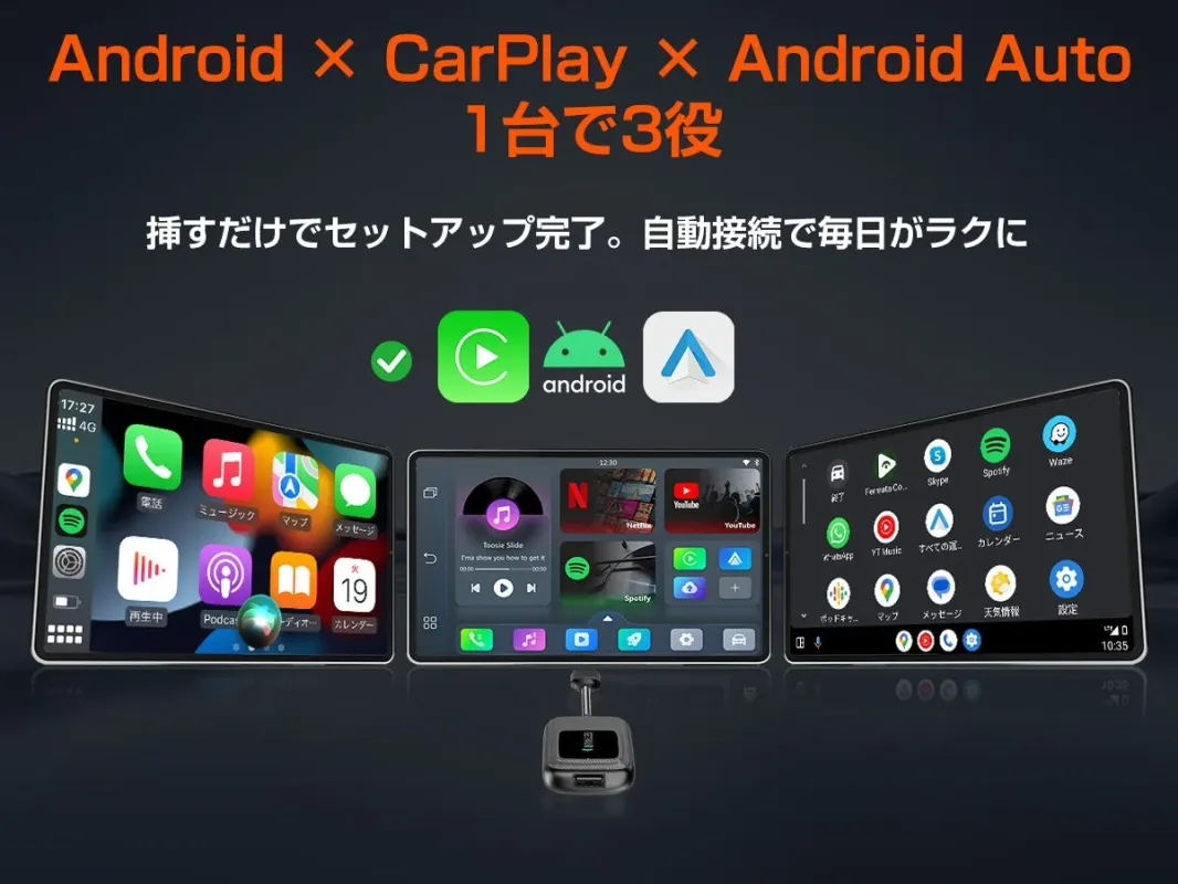 Android, CarPlay, Android Autoに1台で対応