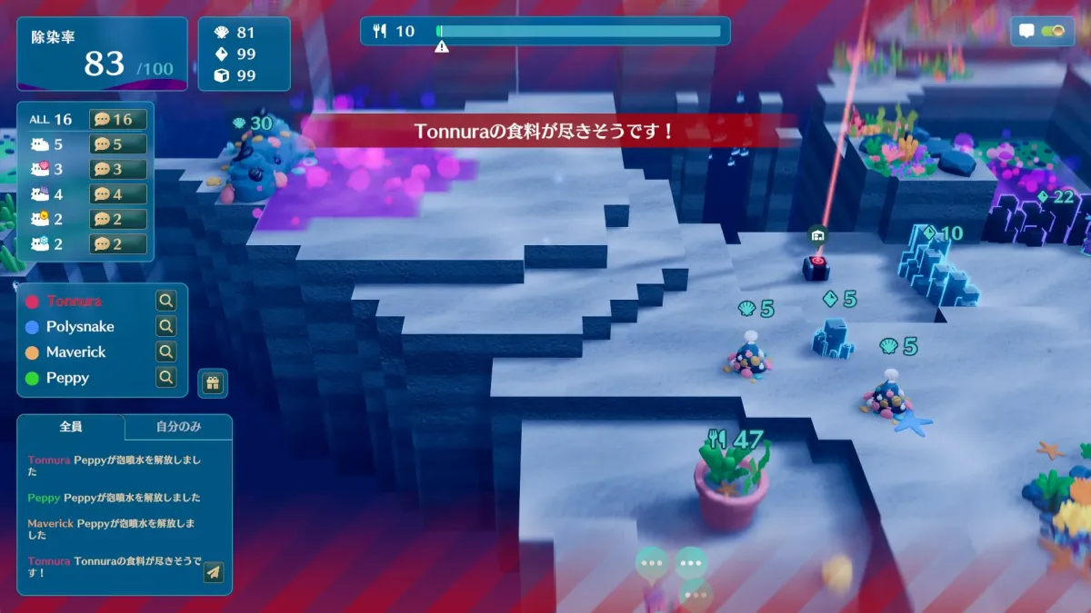「Tonnuraの食料が尽きそうです！」という警告が表示されているゲーム画面です。除染率やリソース数値が表示され、Tonnura、Polysnake、Maverick、Peppyといったキャラクターたちが泡噴水を解放したログが流れています。資源管理やキャラクター育成要素のあるシミュレーションゲームのように見えます。