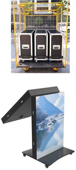 黄色の運搬用カートに積まれた3つの黒い機材ケースと、雪山の風景が映し出された移動式ディスプレイスタンド