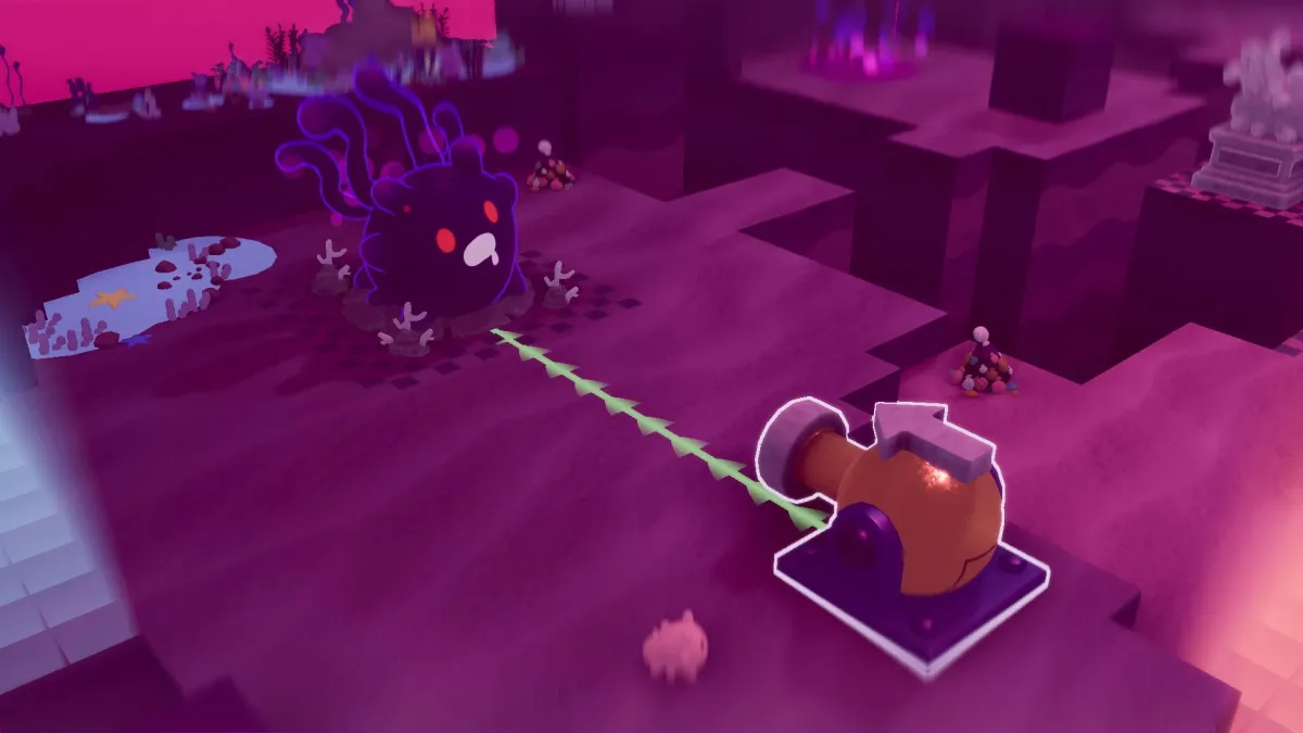 紫色の幻想的なゲーム画面で、不気味なモンスターが砲台からの緑の光線に狙われている。ブロック状の地形と小さな水たまりが特徴的で、異世界での戦闘シーンを思わせる。