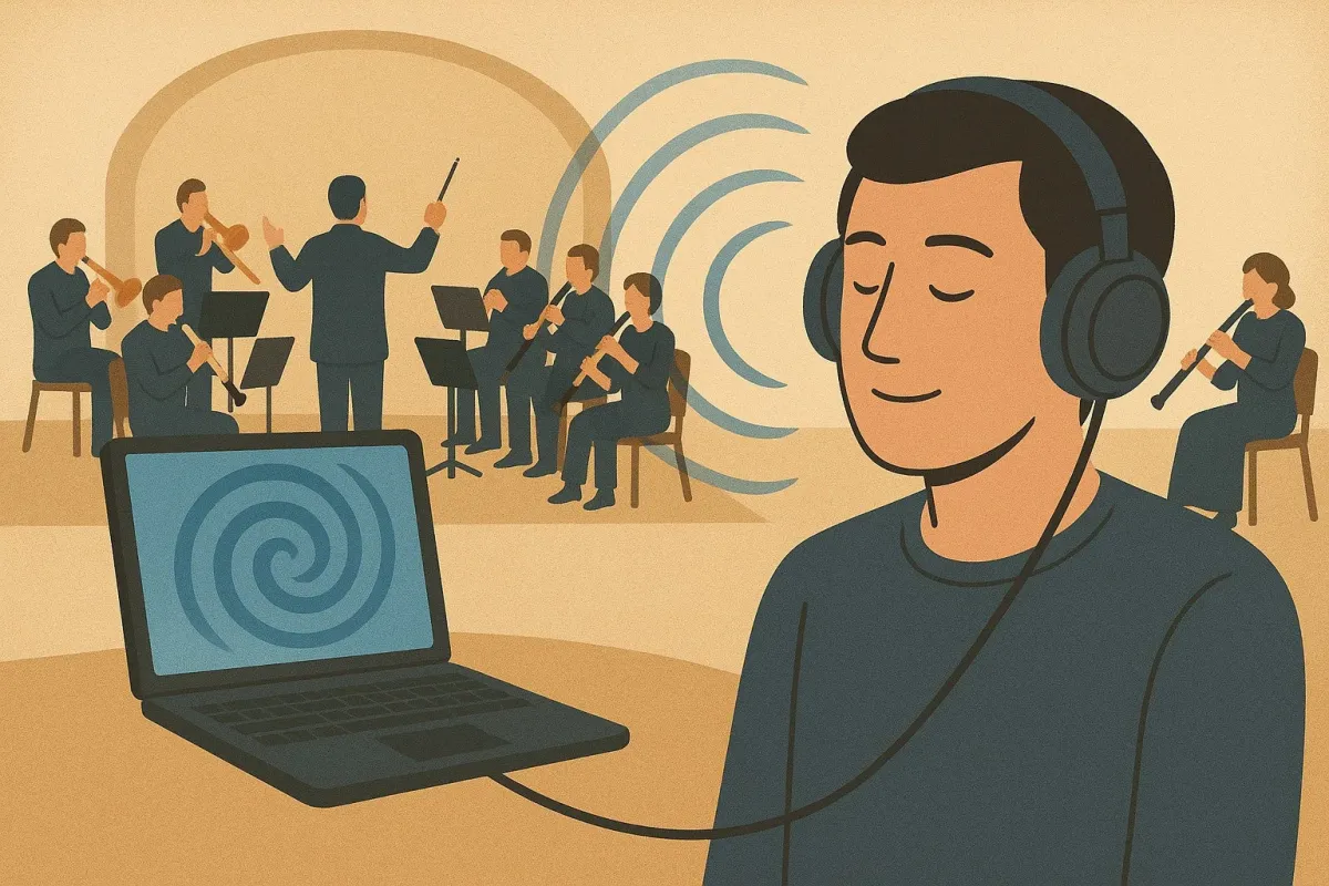 ヘッドホンで音楽を聴く人、オーケストラのイメージ