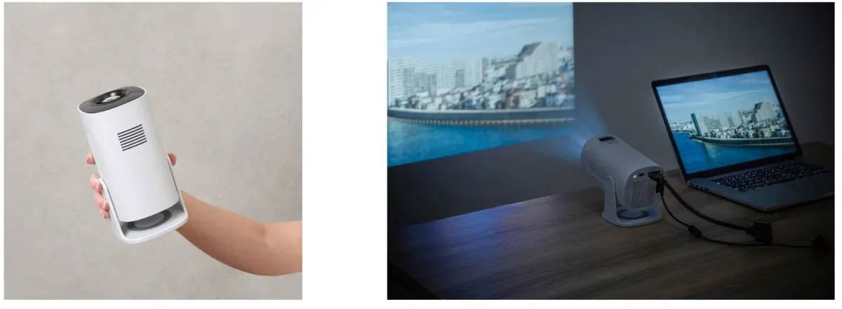 手で持たれたプロジェクターと、ノートPCに接続して街並みを投影する様子