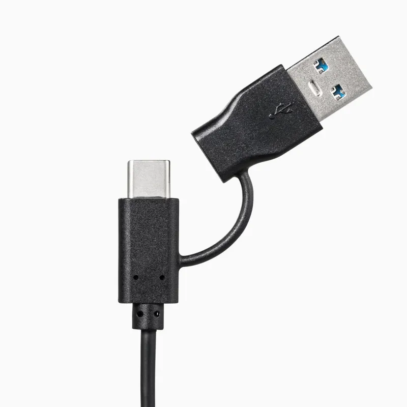 USB Type-CコネクタとUSB Type-A 3.0コネクタを備えた黒い変換ケーブル