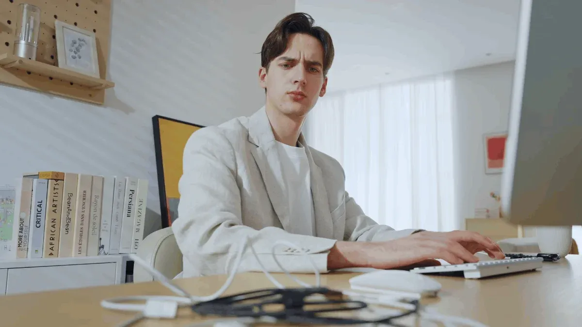 男性がデスクでケーブルに困惑