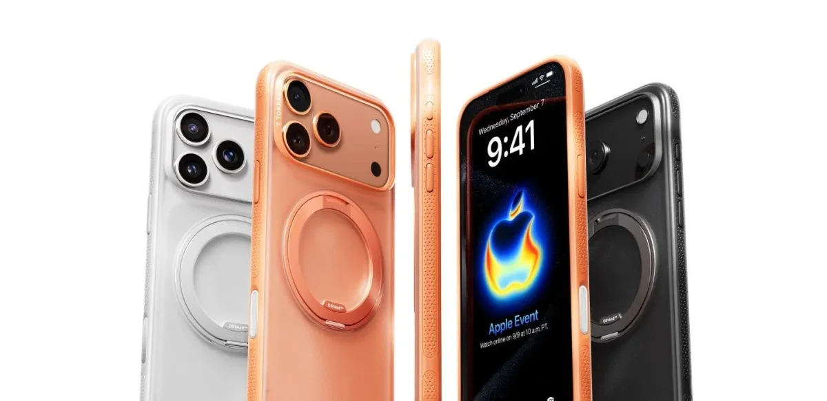 透明、オレンジ、黒の3色の保護ケースを装着した複数のiPhone