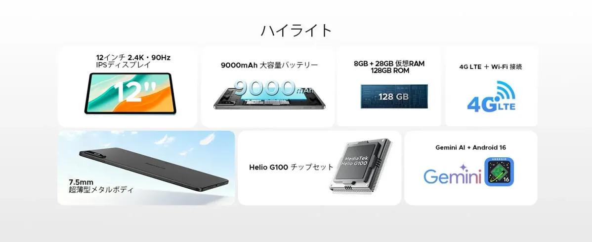 タブレットの主な機能とスペックを示す画像