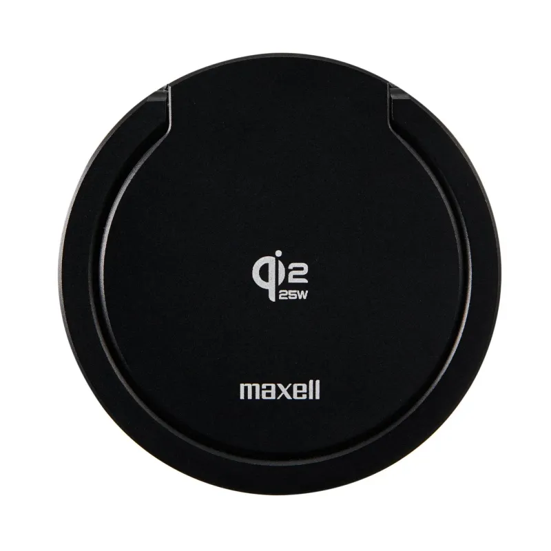 Maxell製のQi2対応ワイヤレス充電器です。黒色の円形デザインで、25Wの急速充電に対応しています。