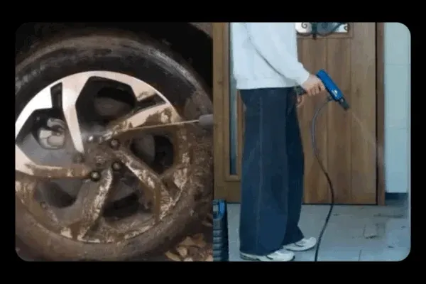 泥だらけになった車のホイールを高圧洗浄機で清掃している様子