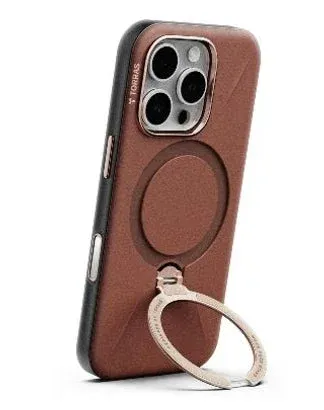 iPhone用のブラウンカラーのスマホケースで、MagSafe対応のマグネットリングが特徴