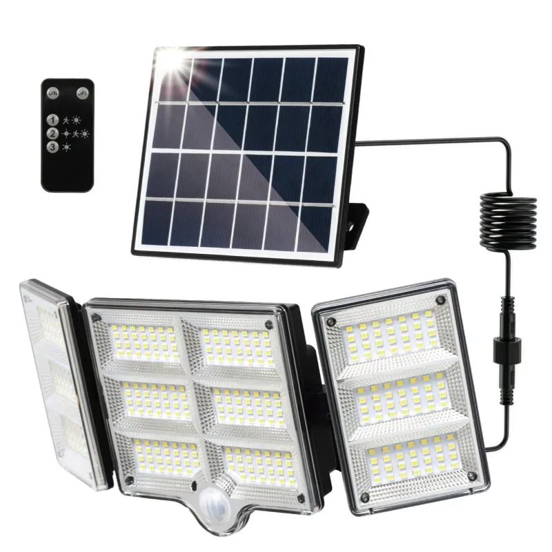 ソーラーパネルと3つの可動式LEDライト、人感センサー、リモコンを備えた屋外用ソーラー投光器のセット