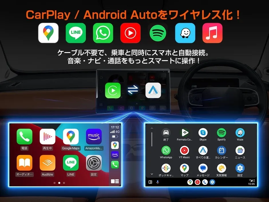 CarPlayとAndroid Autoをワイヤレス化するシステムが車載ディスプレイに表示されている様子