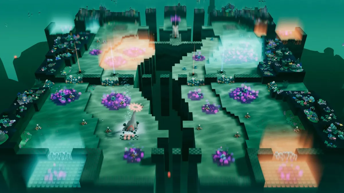 ブロック状の幻想的な水中世界を描いたゲームのようなマップ。鮮やかな光を放つ植物や構造物が点在し、中央には特徴的なサメのようなキャラクターが配置されている。