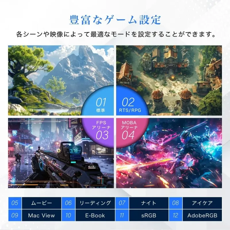 豊富なゲーム設定 各シーンや映像によって最適なモードを設定することができます。