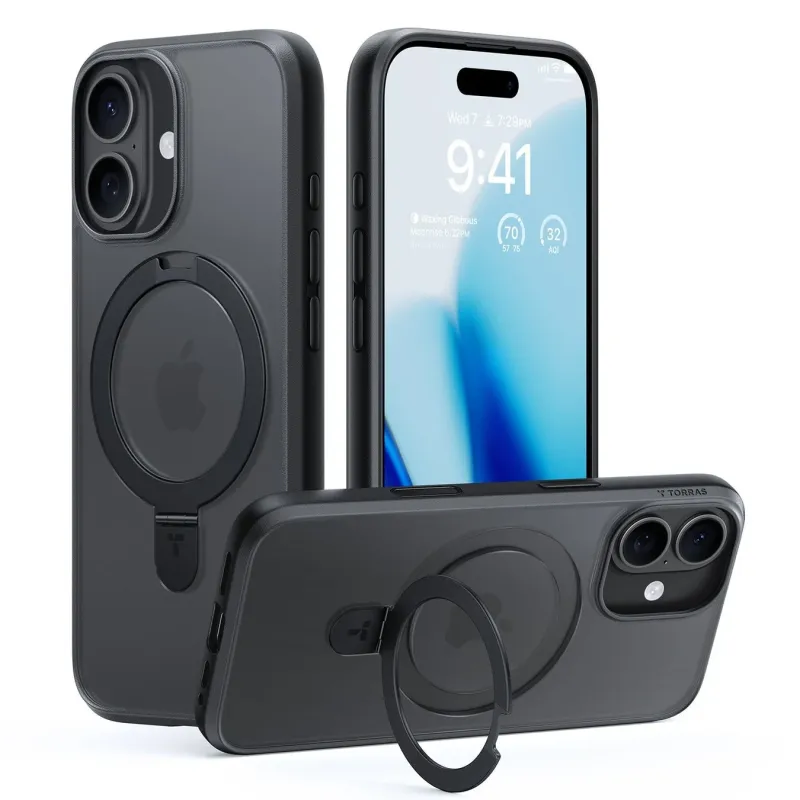 黒いiPhoneケースが3つ並べられており、MagSafe対応のマグネットリングとスタンド機能が特徴