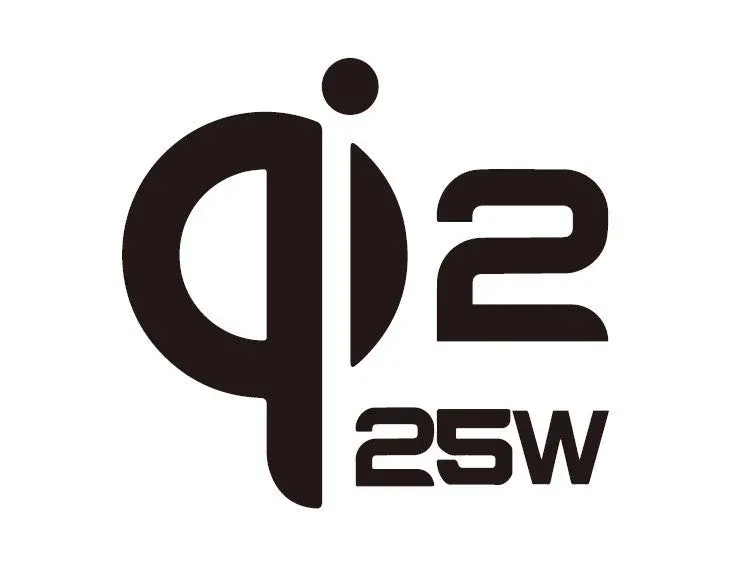 白背景に黒色の「qi2 25W」という文字がデザインされたロゴマークです。ワイヤレス充電規格のQi2と25ワットの電力表示が組み合わされています。