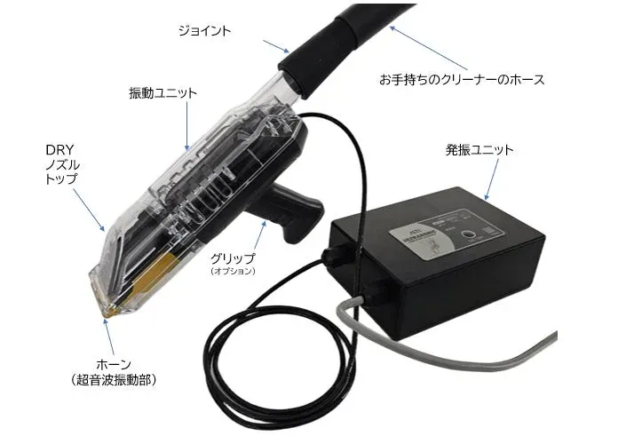 超音波振動部を持つDRYノズルと発振ユニットから構成される清掃用アタッチメントの各部位を示した図です。