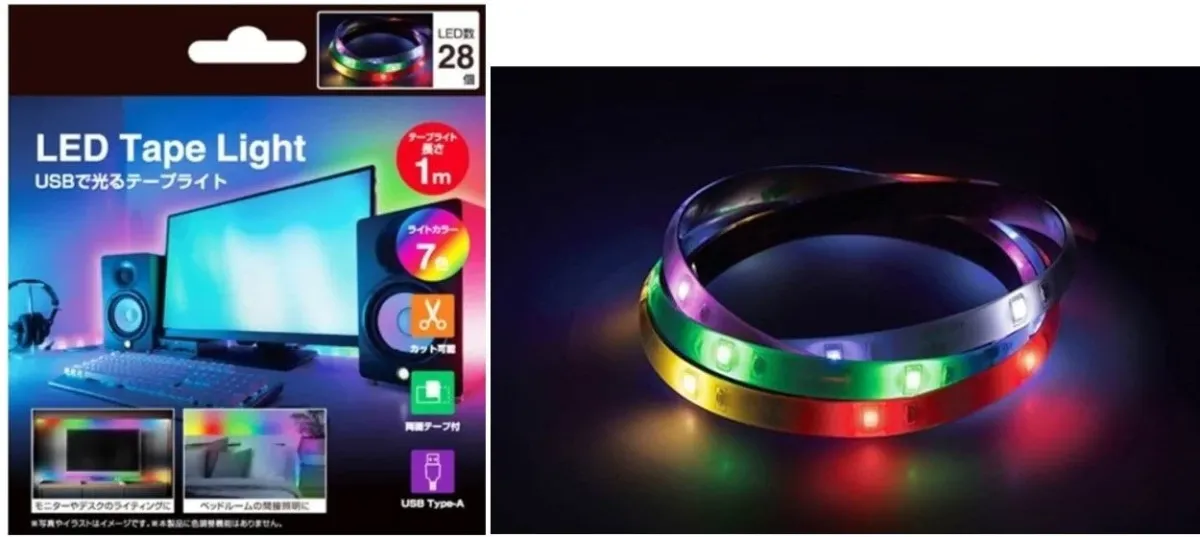 USB給電式のLEDテープライトの商品画像です。モニター裏やベッドルームの間接照明として利用でき、7色のライトカラー、1mの長さ、カット可能などの特徴が示されています。