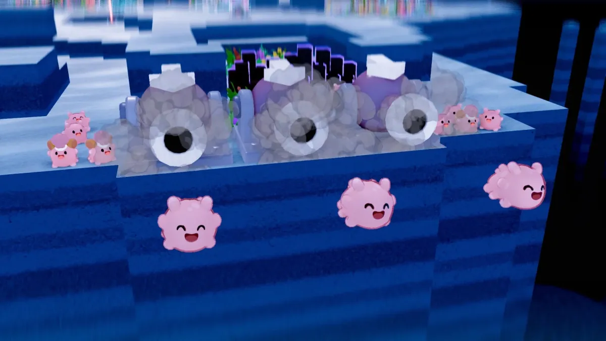 青いブロック状の空間に、ピンク色のふわふわした可愛らしいキャラクターたちが点在。背景には目玉のような形状をした大きな構造物が並び、ゲームのような幻想的な世界観を表現している。