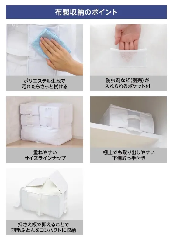 この画像は、布製収納アイテムの特長を紹介しています。ポリエステル生地で汚れを拭き取りやすく、防虫剤ポケット付き。重ねやすいサイズ展開で、棚上でも取り出しやすい下側取っ手や、押さえ板で羽毛ふとんをコンパクトに収納できる点が強調されています。