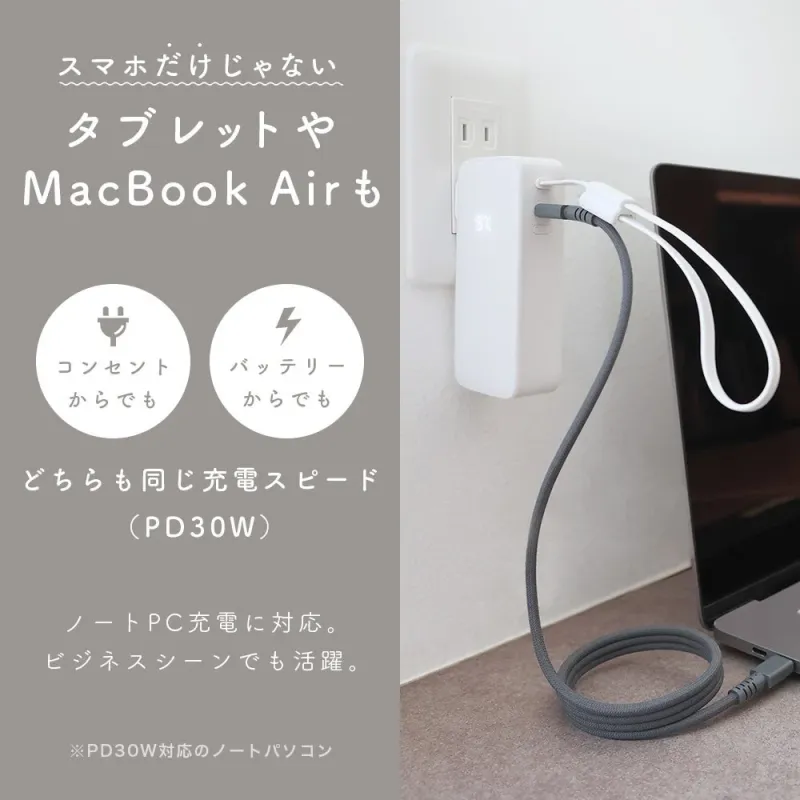 スマホだけじゃない タブレットや MacBook Airも コンセントからでも バッテリーからでも どちらも同じ充電スピード (PD30W)