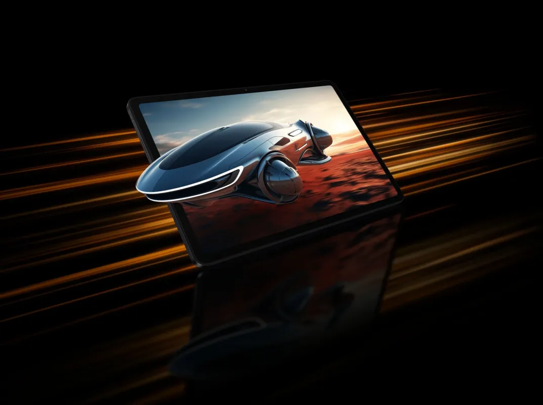 未来的なデザインの乗り物がタブレット画面から飛び出しているようなイメージ