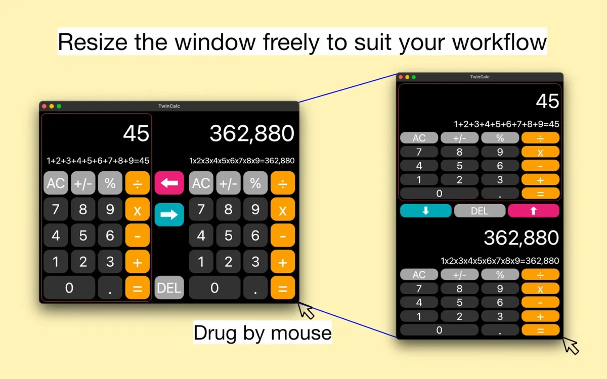 TwinCalc+のウィンドウリサイズ機能