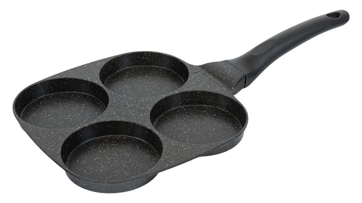 4つの丸い型が付いた黒色の焦げ付き防止加工フライパンで、目玉焼きやパンケーキなどを同時に調理するのに適しています。