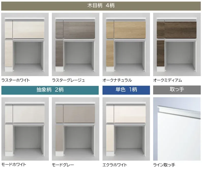 キャビネットの扉と取っ手のカラーバリエーション