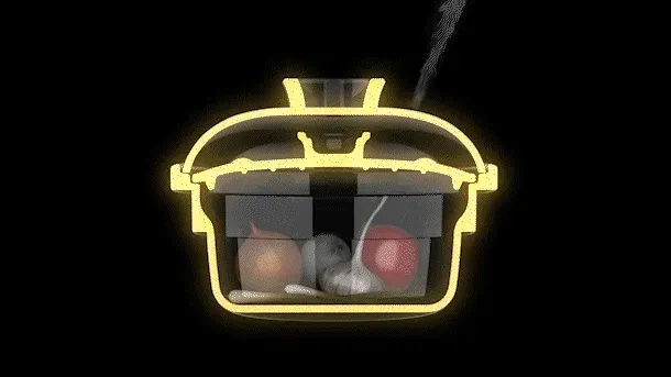 蒸気が立ち上る鍋の断面図