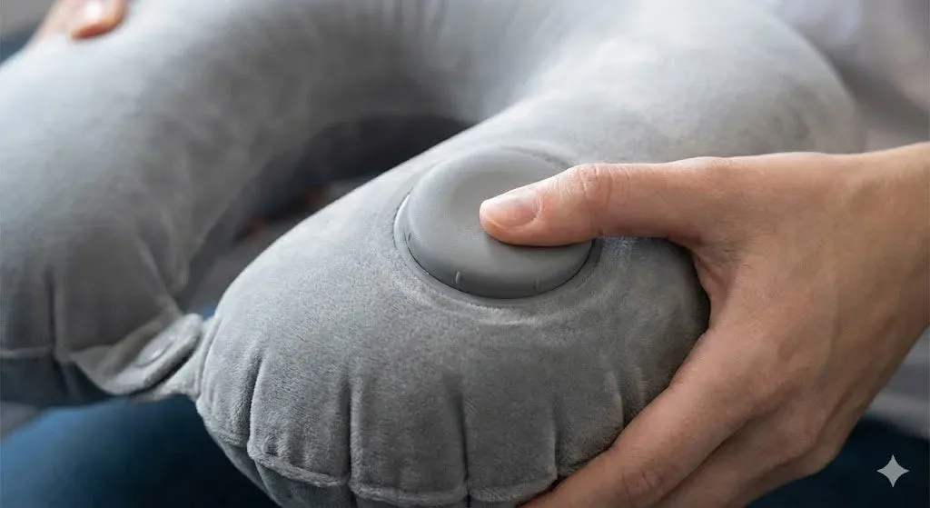 U字型ネックピローのポンプを指で押して膨らませる様子