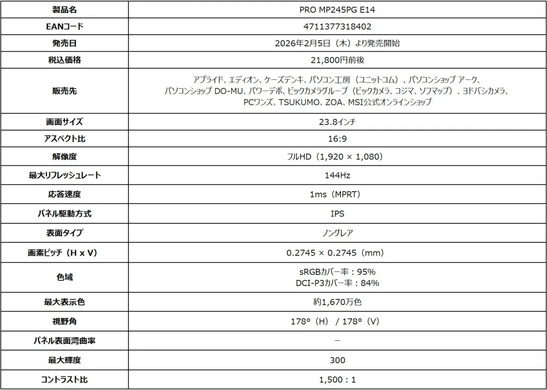 PRO MP245PG E14の製品仕様