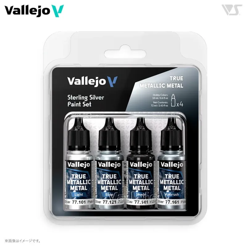 Vallejoのスターリングシルバー塗料セットで、ライト、ベース、シェード、エアブラシ用の4種類のメタリックシルバー塗料が含まれています。各ボトルは18ml入りで、合計72mlのホビーカラーです。
