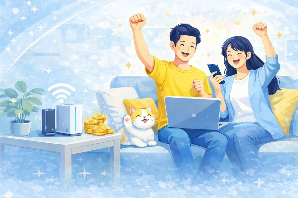 喜ぶカップルと猫