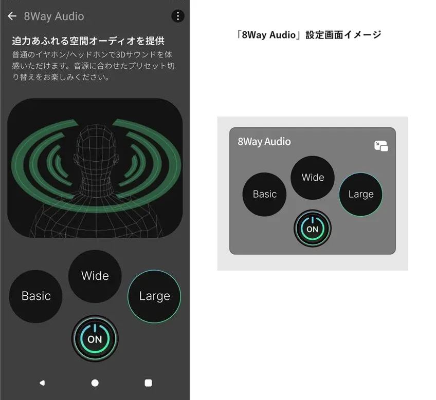 「8Way Audio」アプリの設定画面で、空間オーディオ機能と3Dサウンド体験を提供するインターフェース