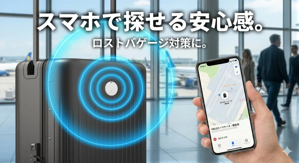 空港でスマートフォンアプリを使ってスーツケースの位置を追跡している様子