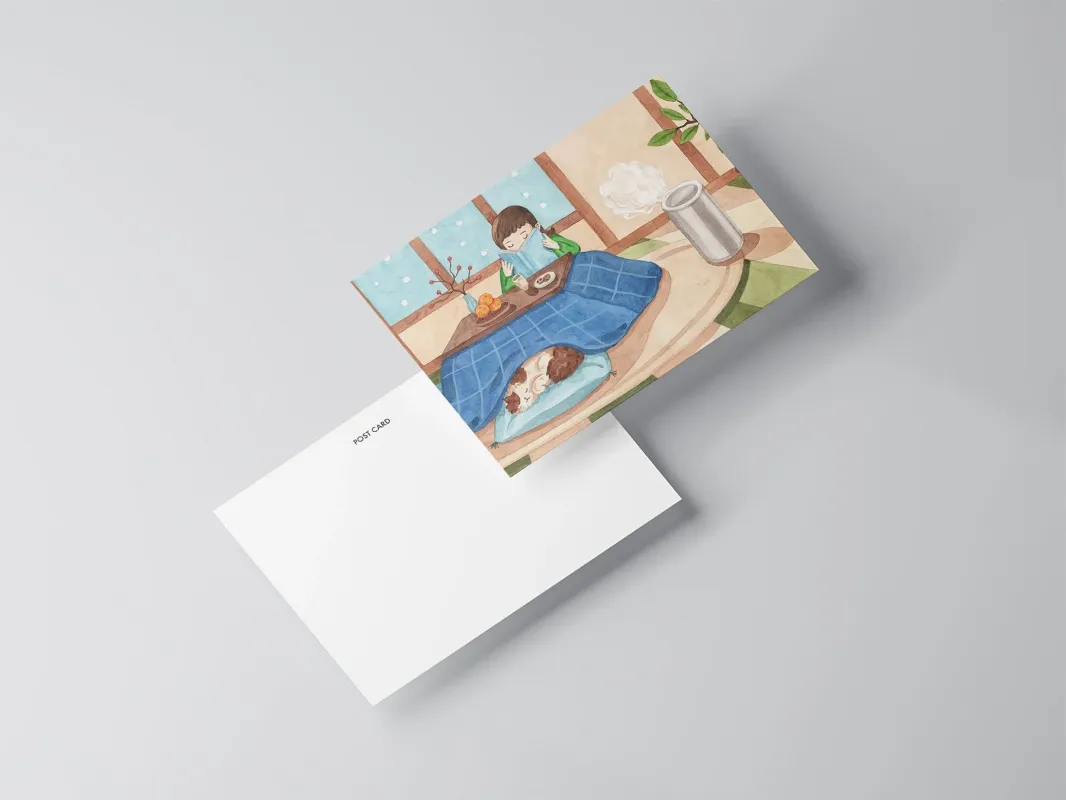 室内でブランケットにくるまって読書をする人とペットのイラスト