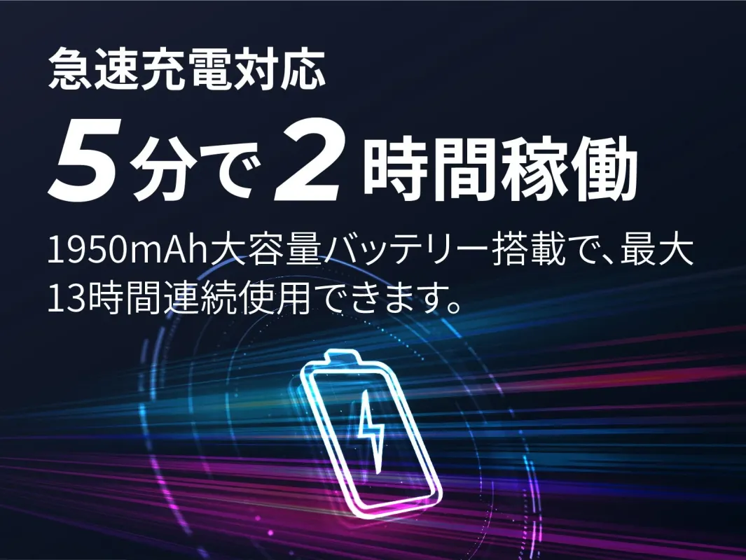 急速充電対応のバッテリーに関する広告画像。5分充電で2時間稼働し、1950mAhの大容量バッテリーで最大13時間連続使用可能であることをアピールしています。