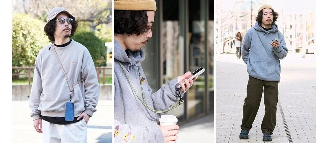 スマホショルダーを着用した男性のコーディネート