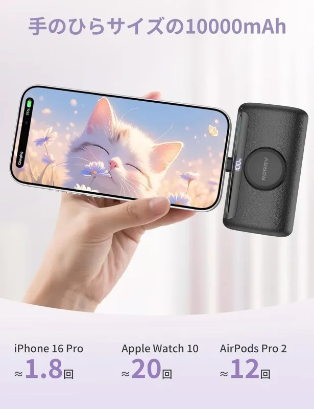 iPhoneを充電中のPalmgoモバイルバッテリー